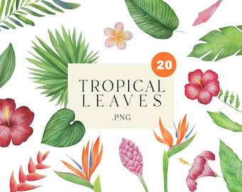 Aquarelle fleurs tropicales et feuilles clipart, plantes tropicales, Jungle clipart, mariage Hawaii, verdure Clipart, verdure tropicale PNG
