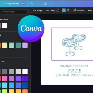 May include: Screenshot of the Canva interface with a design featuring two champagne glasses. The Canva logo is prominently displayed. Text reads "CHANGE COLOR FOR FREE (UPLOAD .SVG TO CANVA)". The interface includes color options and design tools.