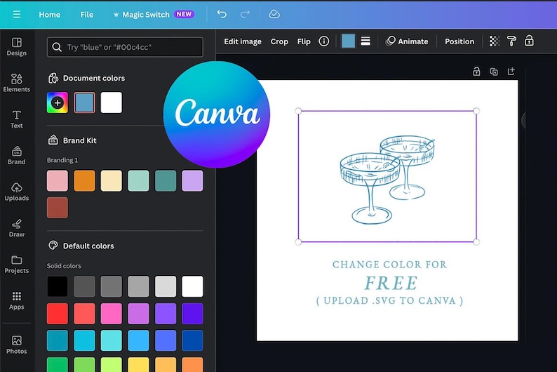 May include: Screenshot of the Canva interface with a design featuring two champagne glasses. The Canva logo is prominently displayed. Text reads "CHANGE COLOR FOR FREE (UPLOAD .SVG TO CANVA)". The interface includes color options and design tools.