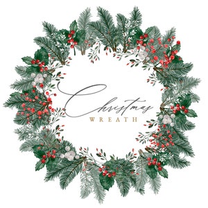 Pine watercolor wreath Clipart - Watercolor Holly berries Christmas Wreath - Botanical Wreath - Greenery Classic Frame