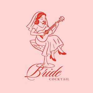 Bruid in martiniglas cocktail SVG, bruiloft partij clipart, cocktailmeisje SVG, hand getekende bruid met gitaar, grillige doodle clipart