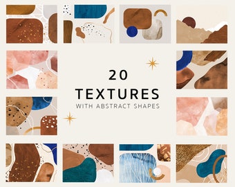 Puede incluir: Veinte texturas abstractas con formas geométricas en tonos marrones, beige, azules y blancos. Las texturas están dispuestas en una cuadrícula.