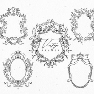 Molduras de casamento SVG vintage barrocas - Renascença - Moldura de brasão de casamento EPS - Arte de linha botânica - Logotipo floral