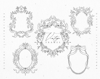 Baroque Vintage SVG Wedding Frames - Renaissance - Wedding Crest Frame EPS - Botanical line art - Floral Logo