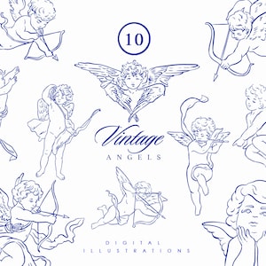 10 Cupids Angels svg dessin au trait, amour art, chérubins svg, clipart bébé anges, Saint-Valentin vintage victorien, ailes d'ange