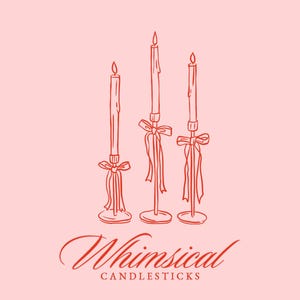 May include: A whimsical illustration of three red candlesticks with white ribbons. The candlesticks are on a pink background with the text "Whimsical Candlesticks" below the image.