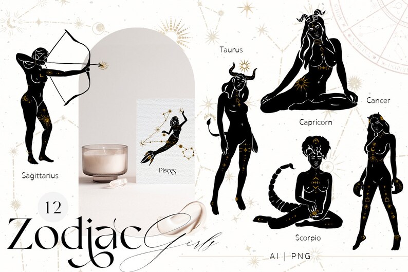 Zodiac Signs Clipart Celestial Gold Constellations Woman Hands Logo Horoscope Astrology Spiritual Symbol PNG black magic Girls image 7