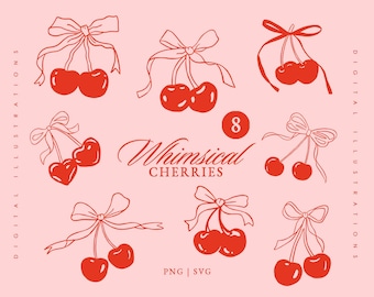 Coquette kersen SVG - Cherry Bow Ribbon SVG - Cute Cherry overzicht sublimatie PNG uitgesneden bestand - Handgetekende kersen
