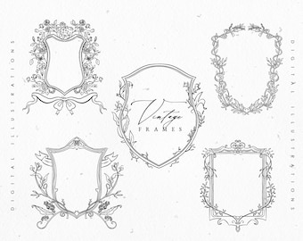 Floral Crest -  Vintage Vector eps Wedding Frames - Victorian Logo Monogram - Floral Borders - Botanical line art - Floral Logo
