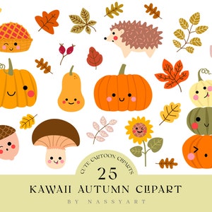 Kawaii Zucca Clipart Autunno Foglie d'Autunno Halloween Clipart Riccio Girasole
