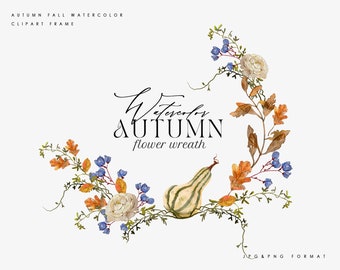 Corona de otoño con acuarela, calabaza, clipart, otoño, clipart, clipart, clipart de otoño, clipart de boda floral, clipart de otoño