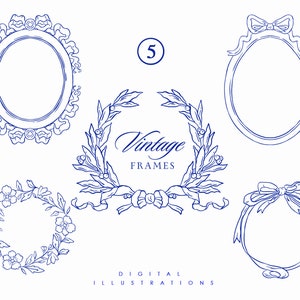 Marco de arte de línea barroca clipart de boda - Cresta de boda - Marco floral victoriano - Invitación de boda - Arte de línea botánica
