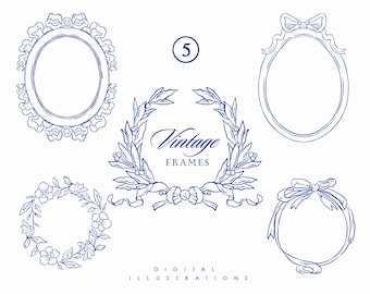 May include: Set of five vintage blue outline frames with floral and ribbon designs. The frames are perfect for adding a touch of elegance to your projects.