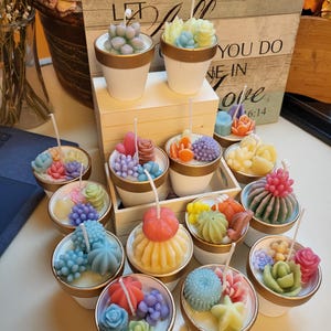 May include: A collection of succulent-shaped candles in small white pots with gold rims. The candles feature various colors and textures, resembling different types of succulents. A wooden sign in the background reads "LET YOU DO ALL THINGS IN LOVE 6:14."