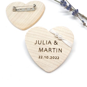 Wedding Pin wooden heart personalised with ribbon and pearls (Basic Font)