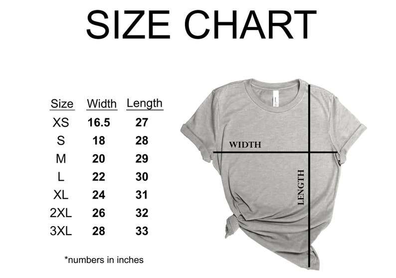 May include: Size chart for a t-shirt with measurements in inches for width and length. Sizes include XS, S, M, L, XL, 2XL, and 3XL.