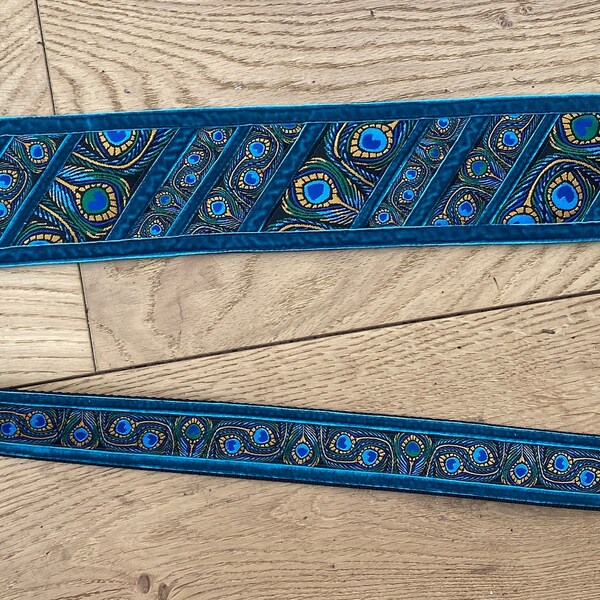 VEGAN Peacock - Guitar Strap, Bass Strap, Banjo - Wide - Blue, Green - 3 1/2 inch, 75mm- Velvet Trim