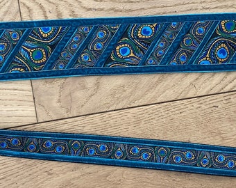 VEGAN Peacock - Guitar Strap, Bass Strap, Banjo - Wide - Blue, Green - 3 1/2 inch, 75mm- Velvet Trim