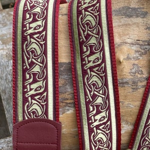Ukulele Strap,  Mandolin Strap, Guitar Strap - 40mm (1.5 inch) - Wine and Gold - Medieval, Celtic, Ram Design
