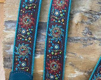 Ukulele Strap, Mandolin Strap, Headstock Tie - 25mm (1 Inch) - Aztec / Tribal Sun Stars in Teal and brown