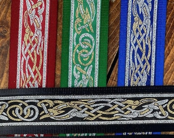 Guitar Strap, Bass Strap - Celtic Beastie - 48mm, 2 inch - Red, blue, Black, Green, metallic silver and gold