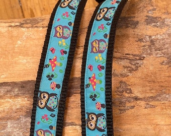 Ukulele Strap, Mandolin Strap - Owl design -  Narrow 25mm, 1 Inch - Blue