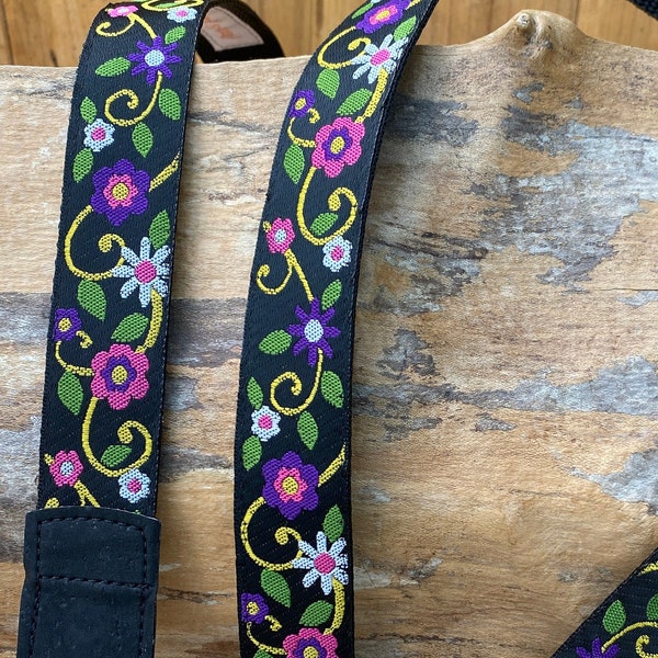 VEGAN - Black Floral - Ukulele Strap, Mandolin Strap - 25mm , 1 inch  - Cork "Leather"