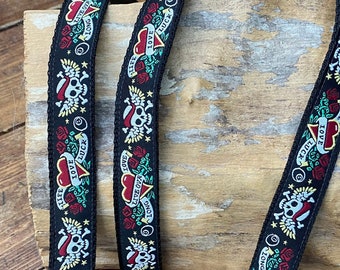 Ukulele Strap,  mandolin Strap -Black or Pink  Skulls Tattoo -  Narrow 25mm (1 Inch)