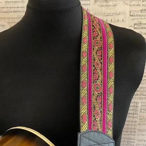 Wide Guitar Strap, Bass Strap 75mm 3 inch Floral, Diamond, Pink, Black, Gold image 1