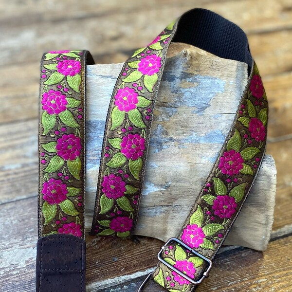 VEGAN Ukulele Strap,  Mandolin Strap - Bronze, Pink, Floral - 40mm 1 1/2 inch