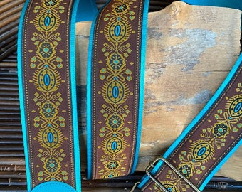 Guitar Strap, Bass Strap - 48mm, 2 inch wide -Bright Teal, Turquoise and Brown Native Design