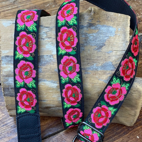 Guitar Strap, Bass Strap, Ukulele Strap, Mandolin Strap - Rose Design -  Black, Pink, red, Gold - 50mm , 2 inch Or 30mm ,1 1/4 inch