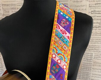 Wide Guitar Strap, Bass Strap - 75mm (3 inch) - Sugar Candy Skulls, Rainbow