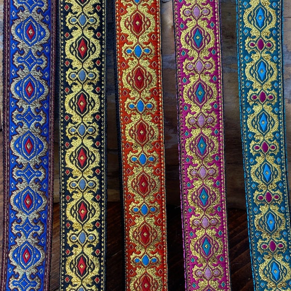 Ukulele Strap, Mandolin strap - Narrow 25mm (1 inch)  - Black, Pink, Orange, Teal, Blue, Purple, Green with Gold - Ornate diamond