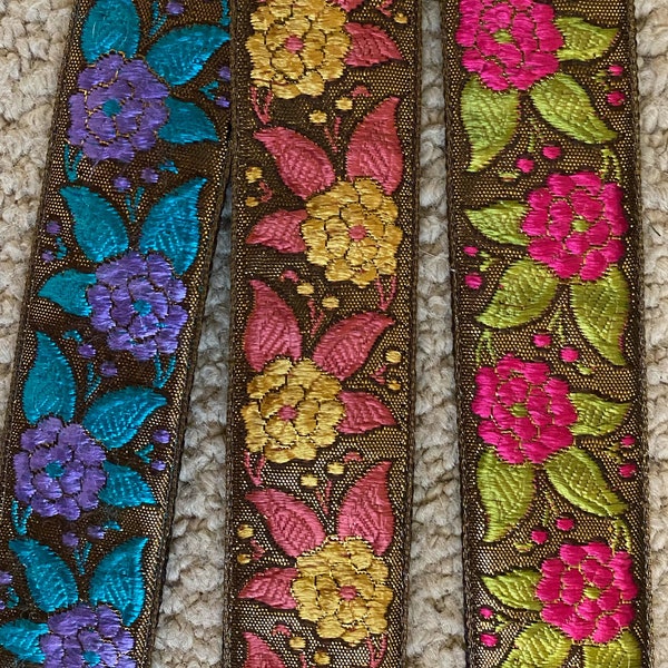 Ukulele Strap, Mandolin Strap, Guitar Strap - Bronze Floral - 40mm ,1 1/2 inch -  Purple, Pink, gold