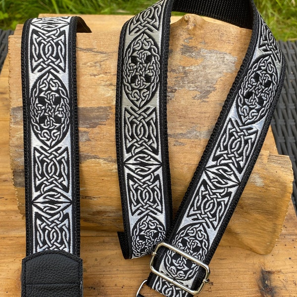 Ukulele Strap,  Mandolin Strap- 40mm, 1 1/2 inch -  Celtic, Medieval  Cross, Viking - Black and Silver