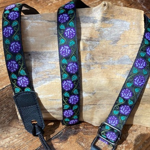 Ukulele Strap, Mandolin Strap - Rose Design - Narrow 25mm -Purple, Yellow, Wine, Black, Blue