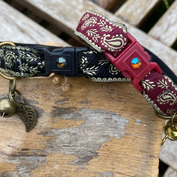 Cat Collar - Paisley Design - Breakaway Safety Buckle - 15mm , 5/8 inch wide  - Black or Wine and Gold