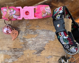 Cat Collar, Black or Pink Skull Tattoo - 15mm, 5/8 inch wide - Breakaway Buckle - Skull, Crossbones, Wings, Heart