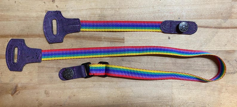 May include: A rainbow striped camera strap with purple leather ends and metal clasps.