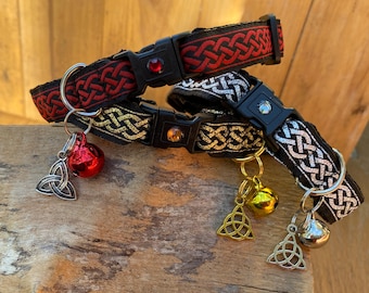 Cat Collar -Celtic Breakaway Safety Buckle - 15mm, 5/8 inch - black and Gol , Silver or Red