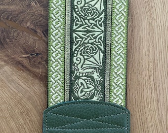 Wide Guitar Strap, Bass Strap - 75mm, 3 inch Wide -  Celtic -  Olive Green and Gold