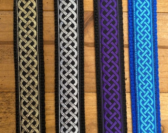 Ukulele Strap, Mandolin Strap - Celtic - Narrow 25mm ,1 inch - Black with Metallic Gold or Silver, Blue, Purple