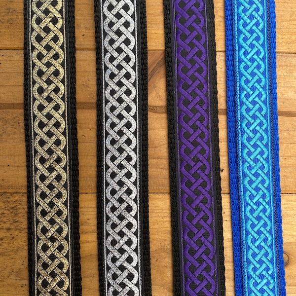 Ukulele Strap, Mandolin Strap - Celtic - Narrow 25mm ,1 inch - Black with Metallic Gold or Silver, Blue, Purple