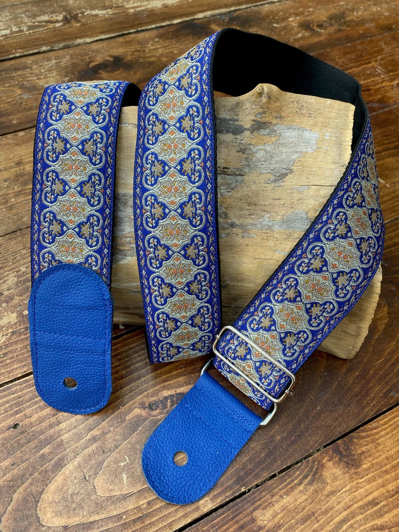 Ukulele Strap, Mandolin Strap, Guitar Strap, Bass Strap Narrow 30mm, 1 1/4 inch ,50mm ,2 inch Persian Design Black,Gold, Blue,Silver image 1