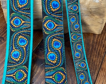 VEGAN Peacock - Ukulele Strap, Mandolin Strap, Guitar Strap, Bass Strap, Banjo  - Blue,Green - 1 inch, 25mm- 40mm, 1 1/2 inch - 48mm, 2 inch