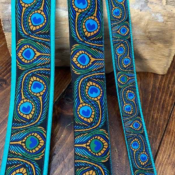 VEGAN Peacock - Ukulele Strap, Mandolin Strap, Guitar Strap, Bass Strap, Banjo  - Blue,Green - 1 inch, 25mm- 40mm, 1 1/2 inch - 48mm, 2 inch