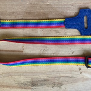 May include: A rainbow striped camera strap with blue leather ends and a silver button. The strap is made of woven fabric and has a metal buckle.