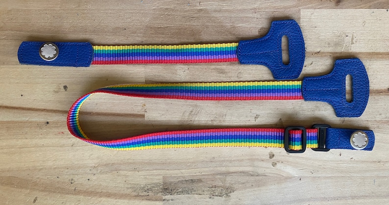 May include: A rainbow striped camera strap with blue leather ends and a silver button. The strap is made of woven fabric and has a metal buckle.