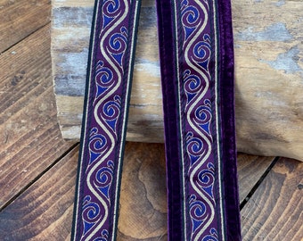 VEGAN Ukulele Strap, Mandolin Strap, Guitar Strap, Bass Strap - Purple Medieval Swirl - 30mm, 1 1/ 2 inch,  50mm, 2 inch - Velvet